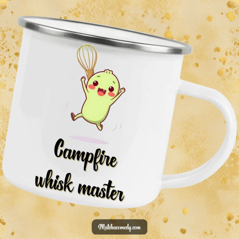 Funny camping mug with a small, anthropomorphic matcha whisk in a funny acrobatic pose, perfect for agile outdoor enthusiasts.