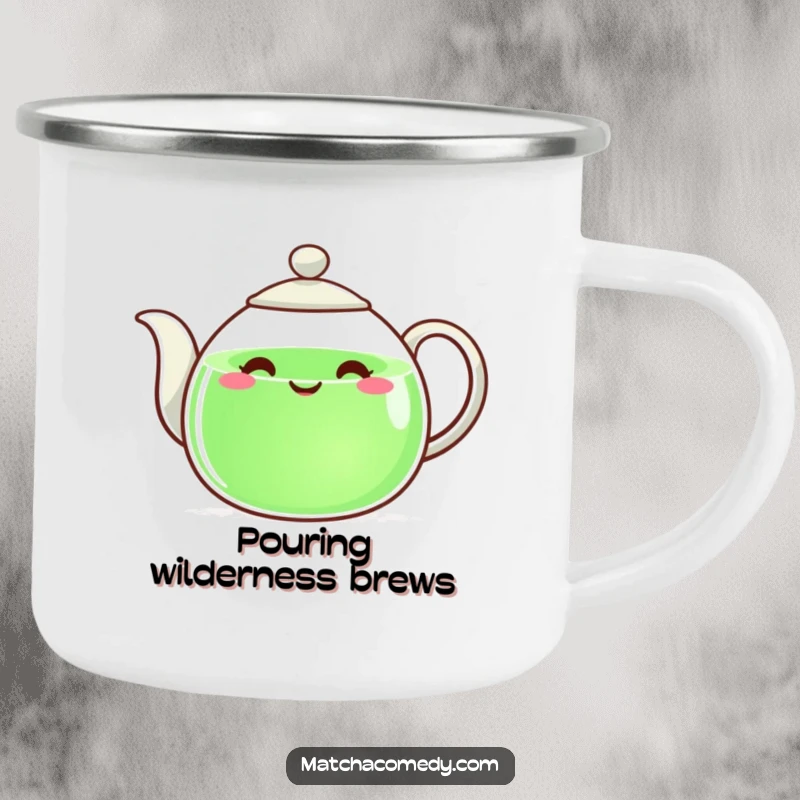 Funny teapot with a happy face pouring green liquid, on a durable camping mug for outdoor enjoyment.