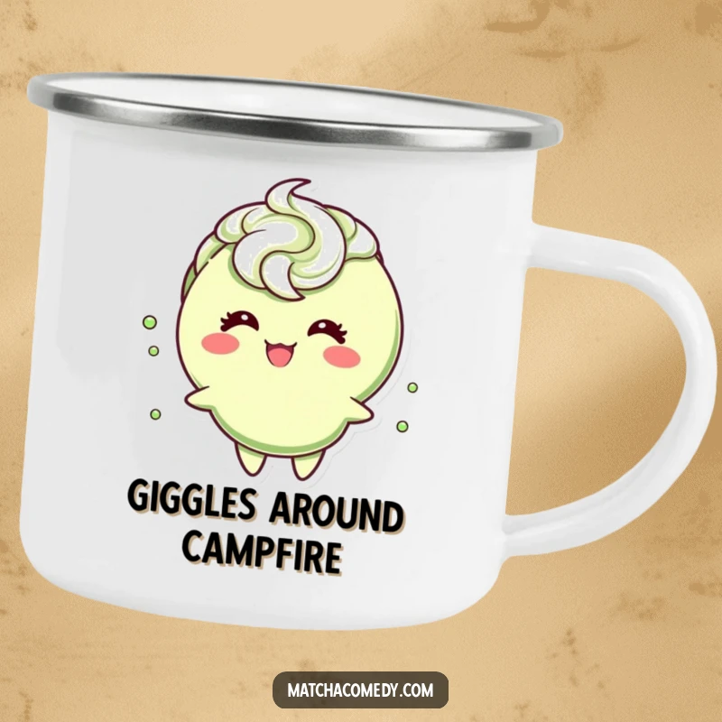 Funny matcha tea cup character with a frothy swirl, giggling cheerfully, designed for outdoor use on this durable camping mug.