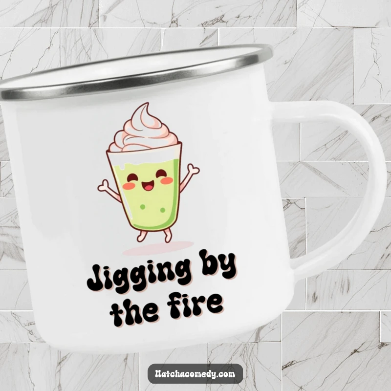Funny dancing kawaii matcha latte with whipped cream, doing a cheerful jig, camping mug.