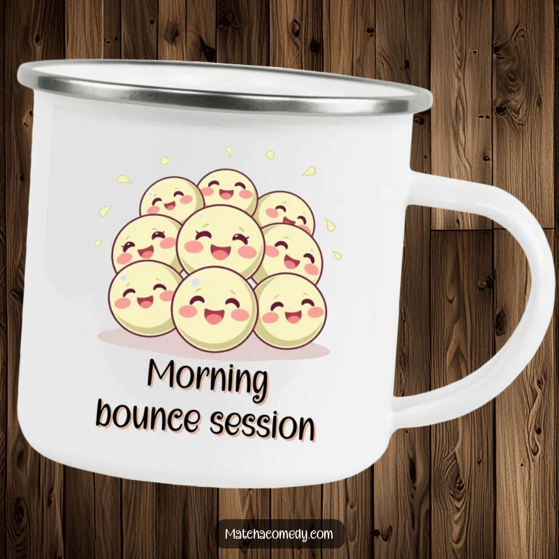 Funny camping mug showcasing energetic, giggling matcha balls bouncing joyfully, ideal for outdoor enthusiasts and tea lovers.