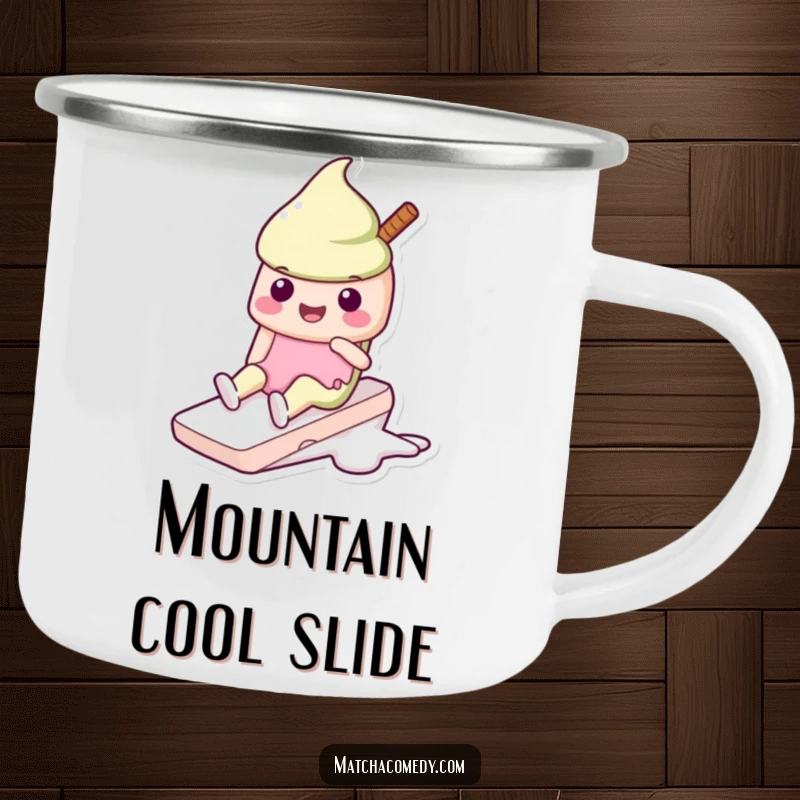 Funny Kawaii matcha ice cream camping mug with a happily sliding character, built for outdoor enjoyment and sweet vibes.