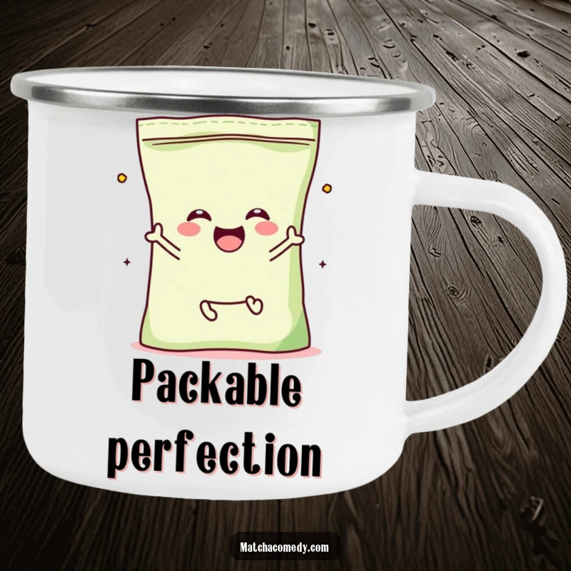 Funny Matcha Powder Bag Camping Mug with a kawaii character with tiny legs, enthusiastically jumping for joy.