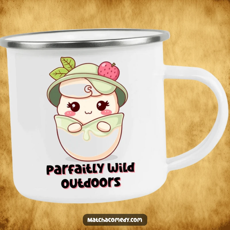 Funny matcha parfait camping mug with a character peeking from layers with a cheeky grin, perfect for outdoor enjoyment, a funny gift.