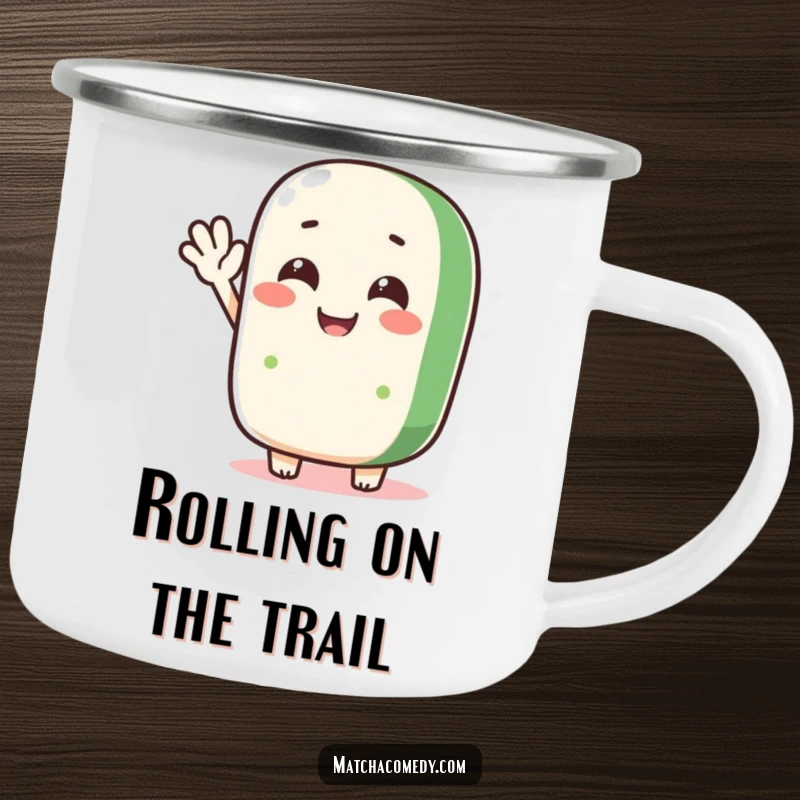 Funny matcha roll character waving a silly hello on a rugged camping mug, perfect for outdoor enjoyment.