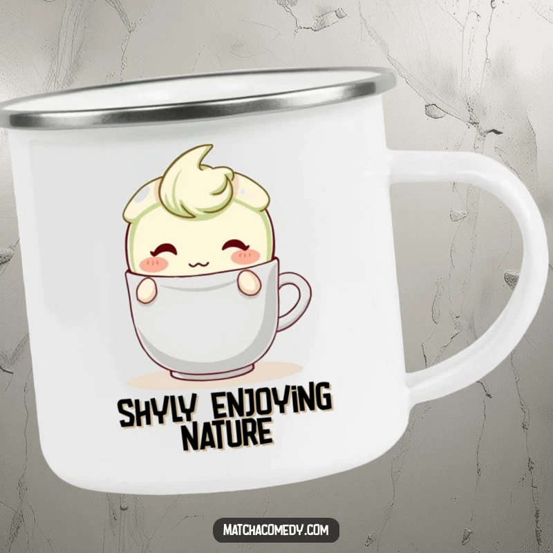 Funny Matcha Latte Camping Mug with a blushing character shyly hiding behind a teabag, ideal for outdoor enthusiasts who enjoy a sweet, demure design.