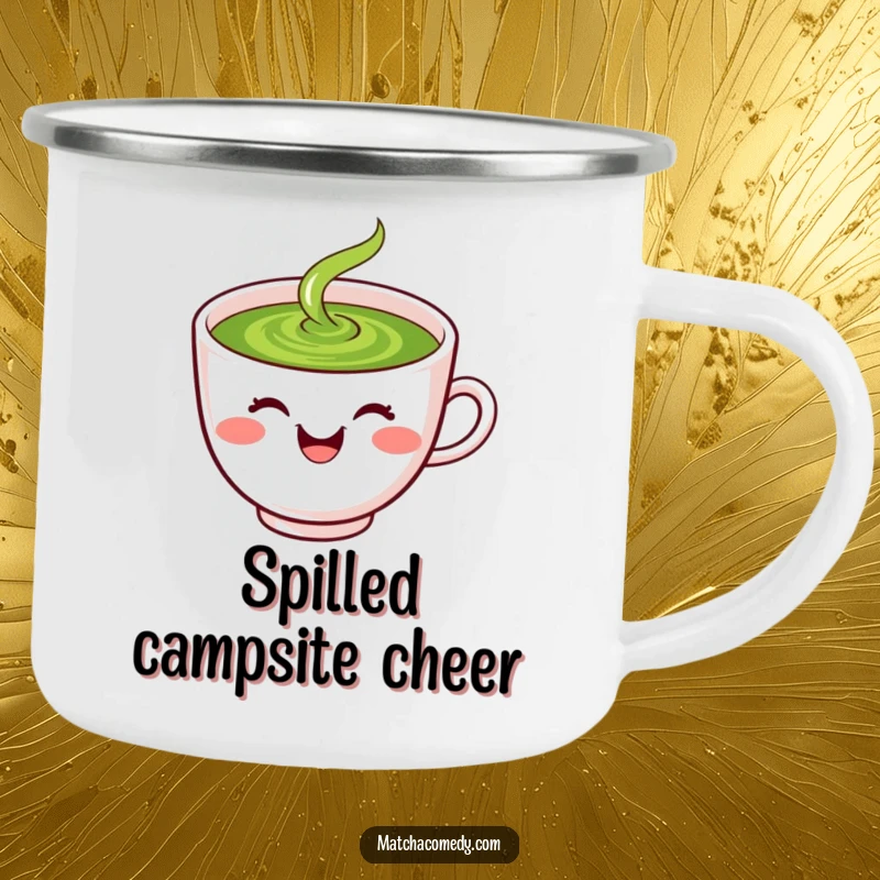 Funny laughing kawaii matcha tea cup with smiley face, spilling green liquid, camping mug.