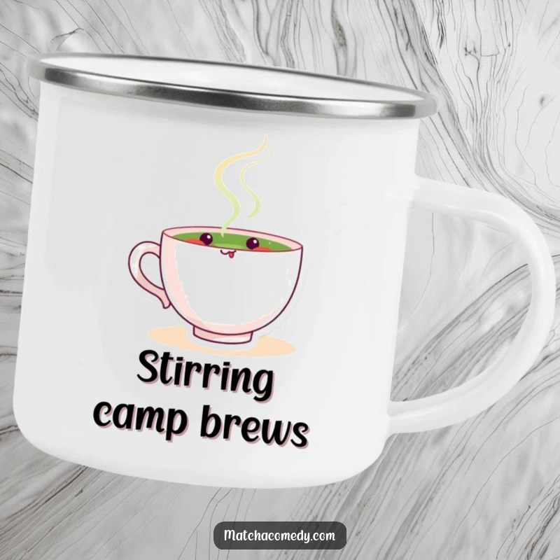 Funny matcha tea cup character happily stirring, designed for outdoor enjoyment on this durable camping mug, bringing calm humor.