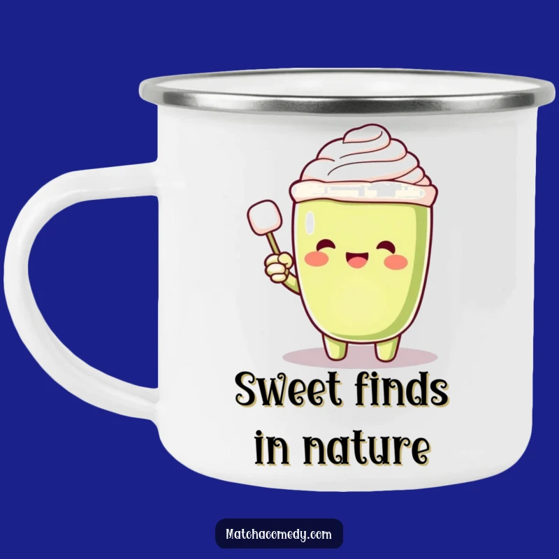Funny Matcha Latte Sugar Seeker Camping Mug: Excited Character, Floating Cube, Outdoor Gift
