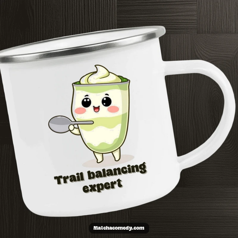 Funny Kawaii matcha latte character humorously balancing a spoon, enamel finish, perfect for campfire coffee or tea.