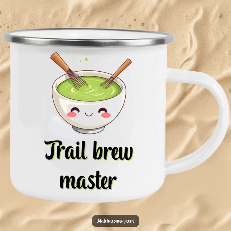 Funny kawaii matcha tea bowl enamel camping mug, smiling and actively whisking.