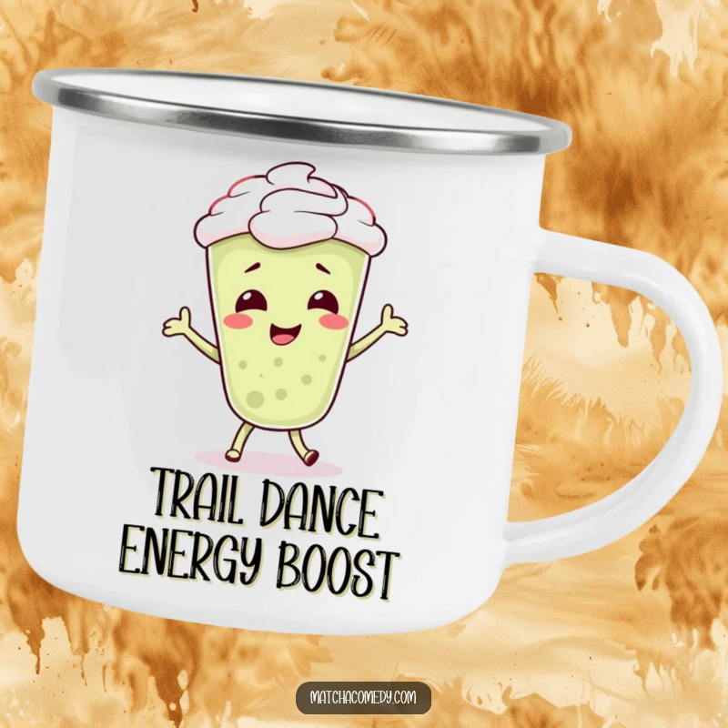 Funny Matcha Latte Camping Mug with a giggling character performing a silly dance, ideal for outdoor enthusiasts who appreciate humor.