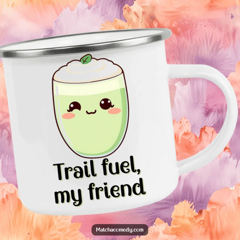 Funny Kawaii Matcha Latte Camping Mug with a cheeky smirk, held by a hiker, ready for adventure.