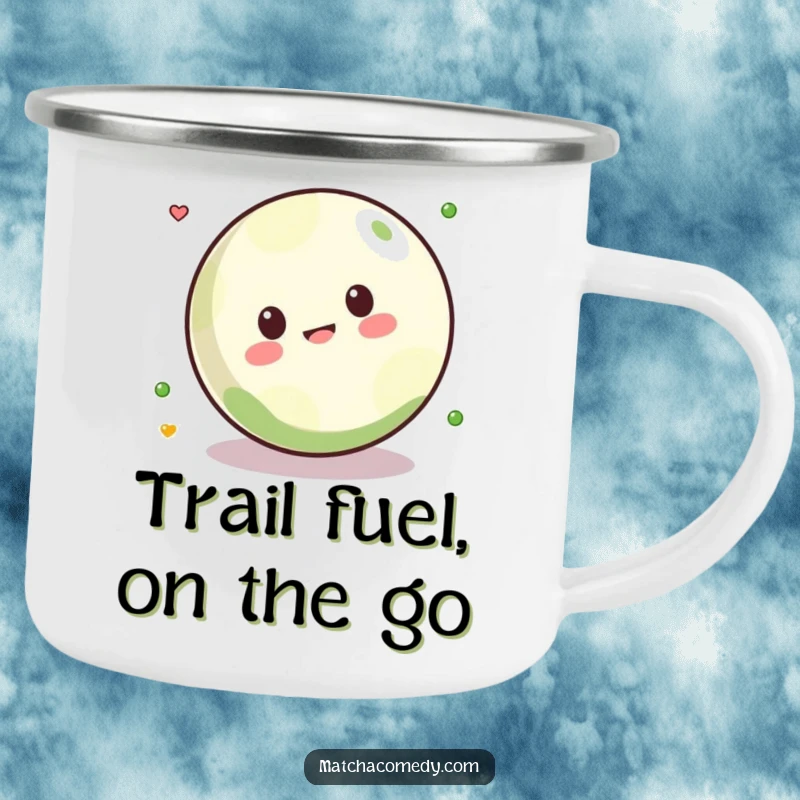 Funny Kawaii matcha ball playfully rolling on a sturdy camping mug, ready for outdoor adventures and laughs.