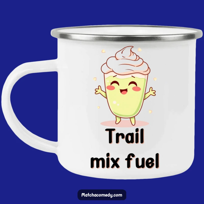 Funny Matcha Latte Shimmy Camping Mug: Cheerful Character's Frothy Dance, Outdoor Gift!