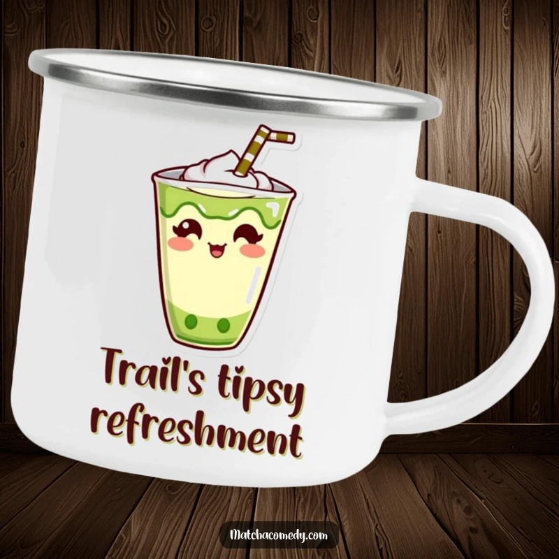 Funny Kawaii Matcha Drink Camping Mug: Durable and portable, featuring a cute character with a straw sticking out amusingly.