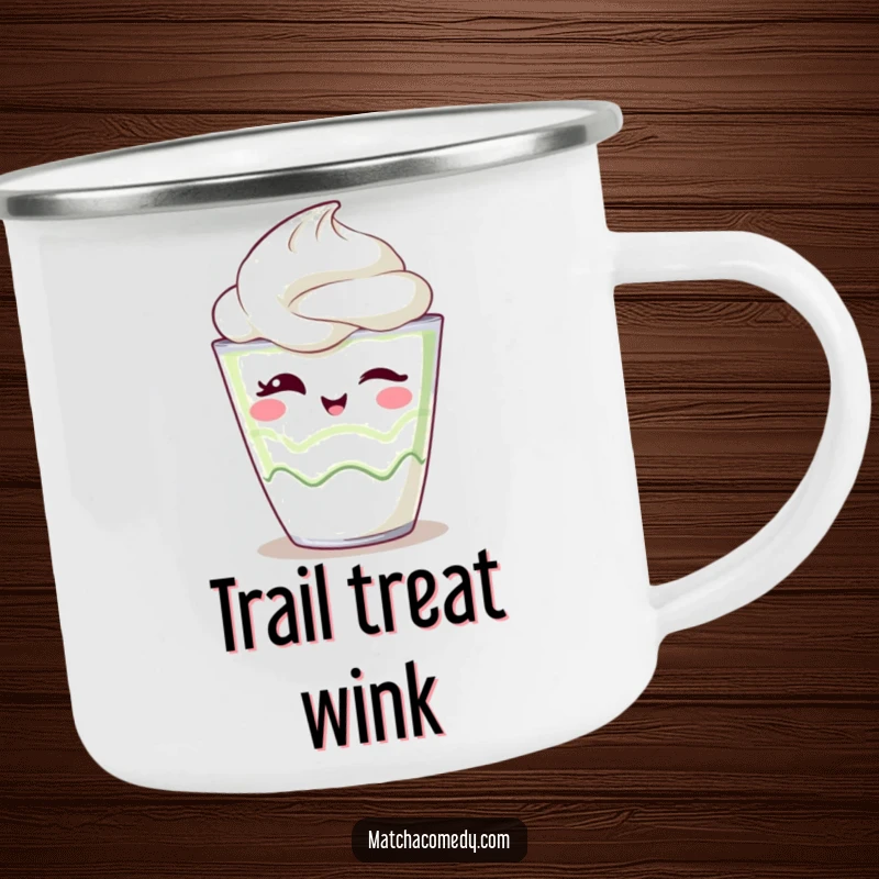 Funny Camping Mug showing a kawaii matcha parfait winking playfully, built for outdoor fun and sweet moments.