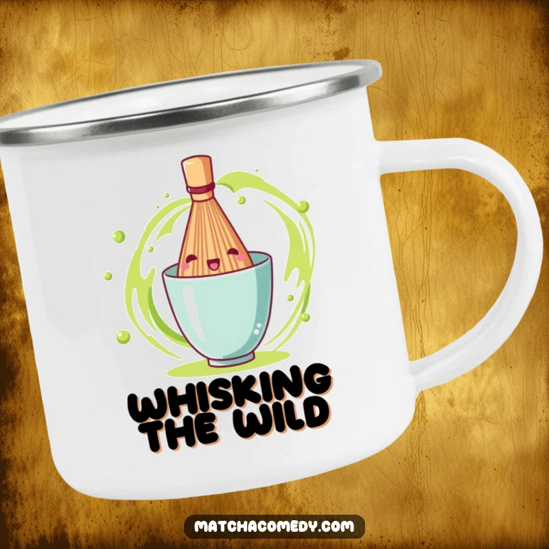 Funny matcha tea whisk spinning energetically, depicted on a sturdy camping mug perfect for sipping outdoors.