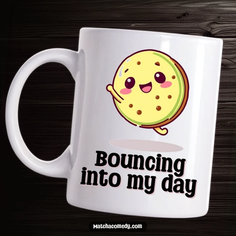 Funny Kawaii Matcha Cookie Mug showing a matcha cookie doing a cartwheel, full of energy and fun.