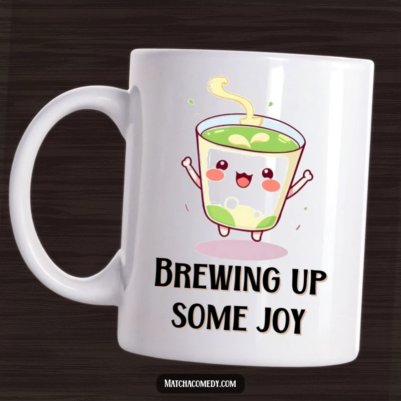 Funny Mug showing a kawaii matcha tea cup bouncing energetically with excitement, radiating pure, unadulterated joy.