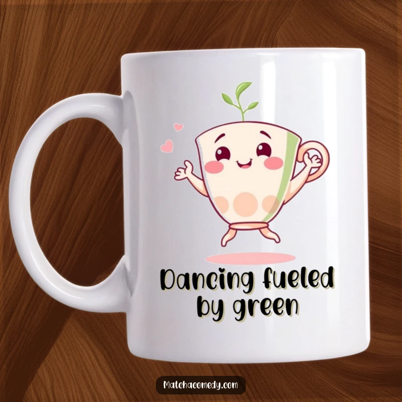 Funny matcha tea cup mug featuring a cheerful character happily dancing, radiating joy and a love for matcha tea.