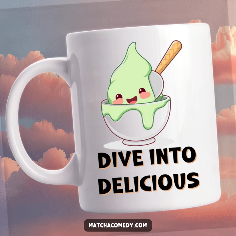 Funny, happy matcha ice cream scoop joyfully diving headfirst into a bowl on this delightful mug.