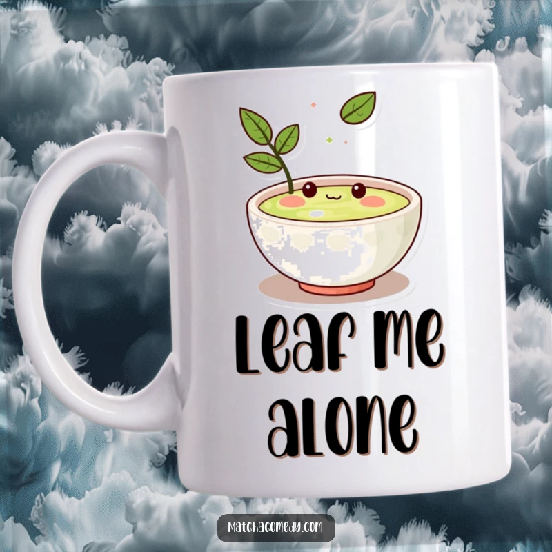 Funny Kawaii matcha bowl character looking amused by a floating leaf, serene and cute, ideal for enjoying tea or coffee.