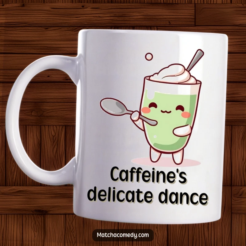 Funny Kawaii Matcha Latte Mug: Cute beverage character humorously balancing a spoon precariously, a funny gift.