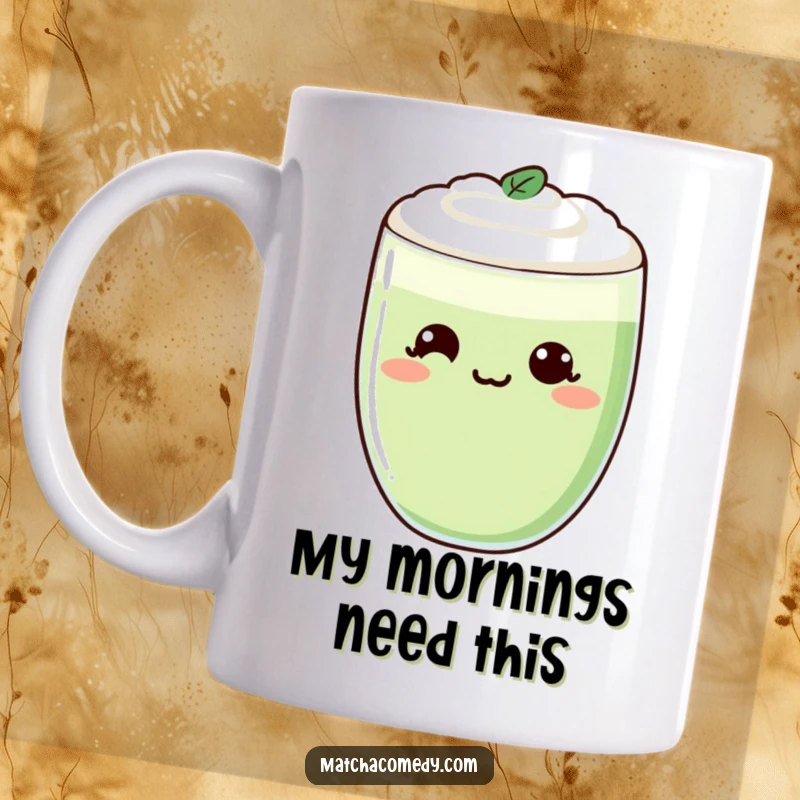 Funny Kawaii Matcha Latte Mug with a cheeky smirk, enjoying a morning brew, perfect for a funny gift.