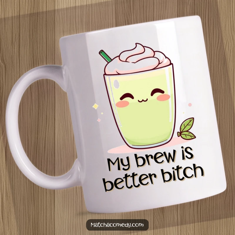 Funny Kawaii matcha latte mug with a cheeky smirk, celebrating a hilarious morning beverage perfect for gift-givers.
