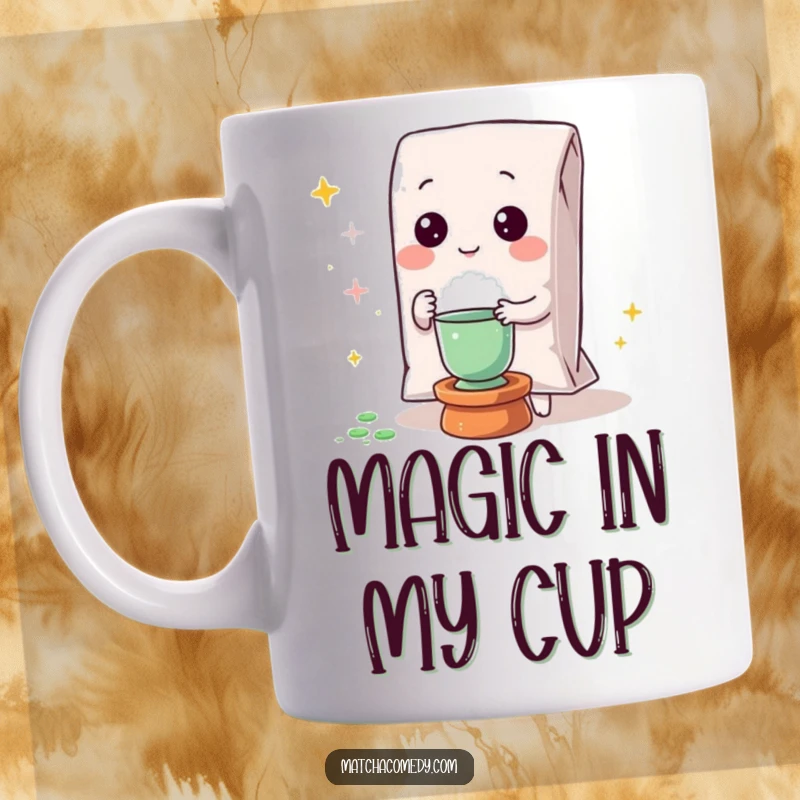 Funny Kawaii matcha powder bag magically producing something delightful on this enchanting mug.