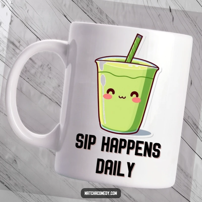Funny Kawaii matcha beverage character with a large straw sticking out playfully, cute and colorful, ideal for hot or cold drinks.
