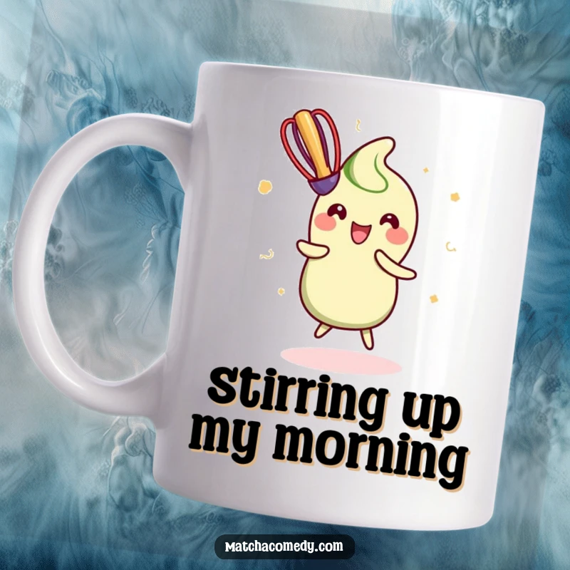 Funny Mug showing a kawaii matcha whisk performing a joyful dance, radiating happiness and a love for preparation.