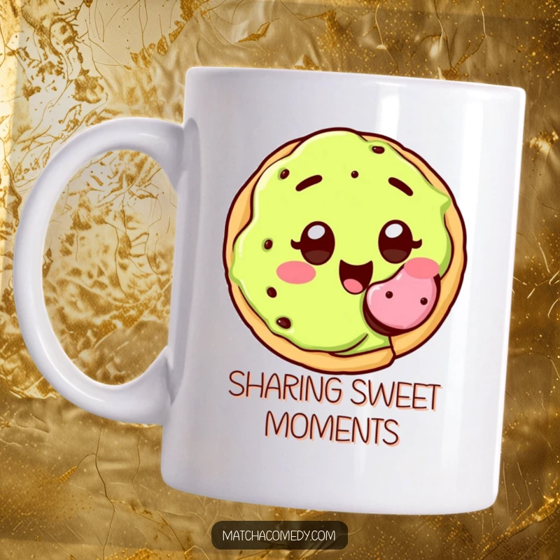 Funny kawaii matcha cookie with wide, joyful eyes, happily offering a bite, cute.