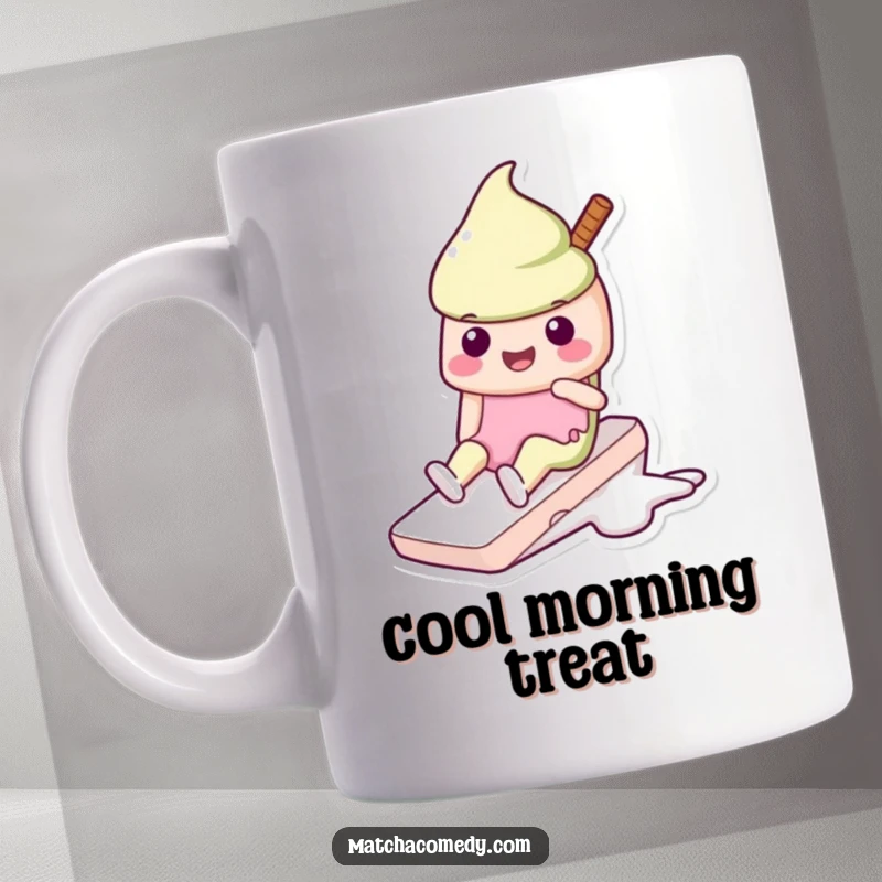 Funny Kawaii matcha ice cream mug with a cute character doing a happy slide, perfect for a sweet and cheerful start.