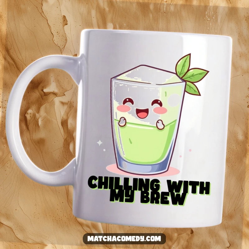 Funny smiling matcha ice cube jumping out of a glass on a mug, radiating cool, playful energy. A refreshing and humorous design.