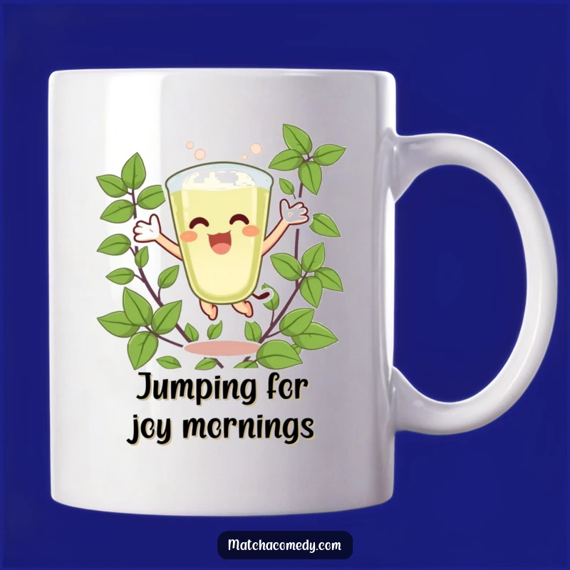Funny Matcha Latte Joy Mug: Excited Jumper, Green Leaves, Perfect Funny Gift