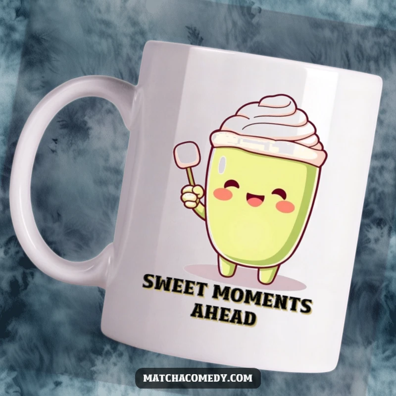 Funny Matcha Latte Mug with an excited character joyfully pointing at a whimsical floating sugar cube, capturing a moment of sweet delight.