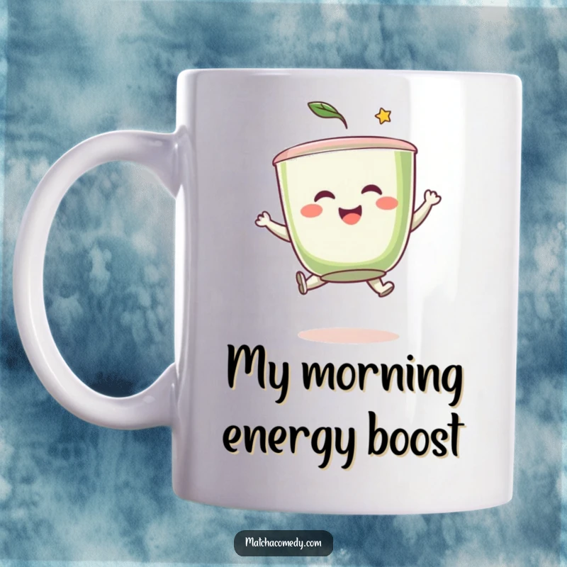 Funny matcha tea cup character joyfully leaping mid-air with a huge smile, bringing energy and fun to your day.