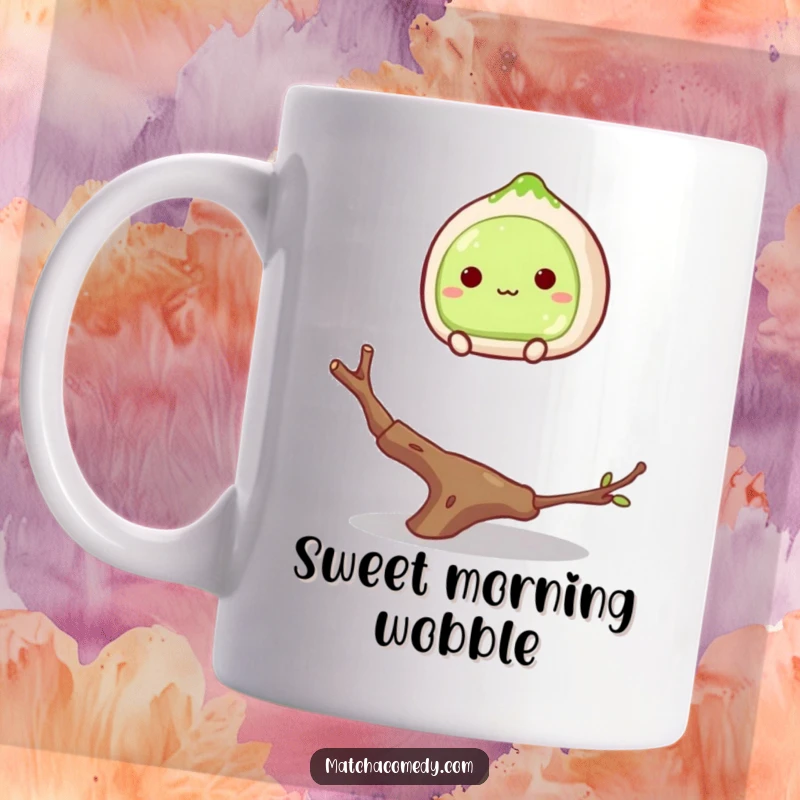 Funny matcha mochi precariously balancing on a twig mug, about to tumble, a cute and humorous dessert design.