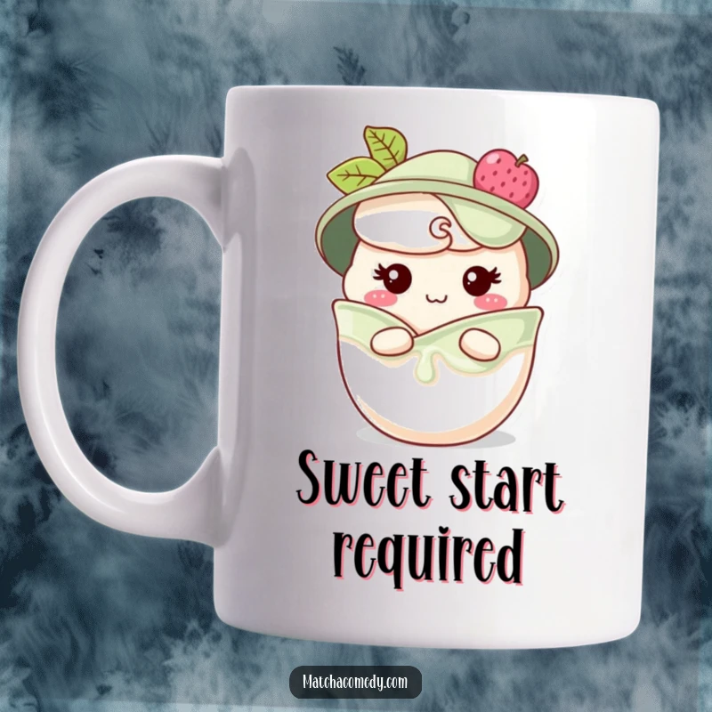 Funny matcha parfait mug with a cute character peeking from layers with a cheeky grin, perfect for dessert lovers, a funny gift.