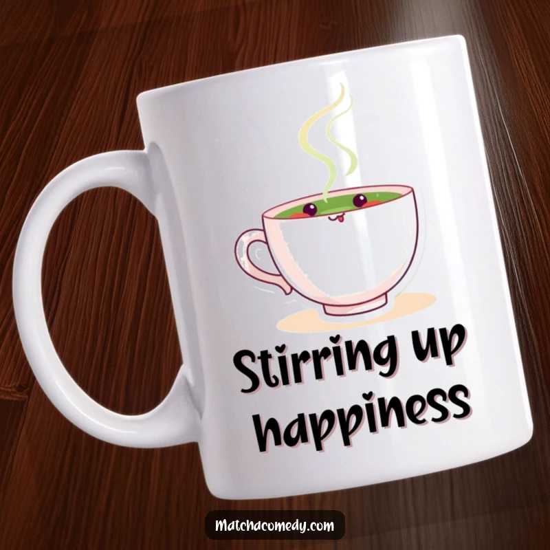 Funny matcha tea cup character happily stirring with a spoon, creating a delightful swirl, on this cheerful and humorous mug.