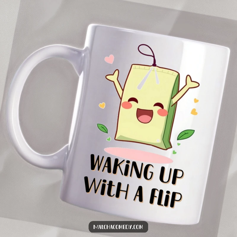 Funny mug showcasing a happy matcha tea bag mid-somersault, with little motion lines indicating its joyful movement.