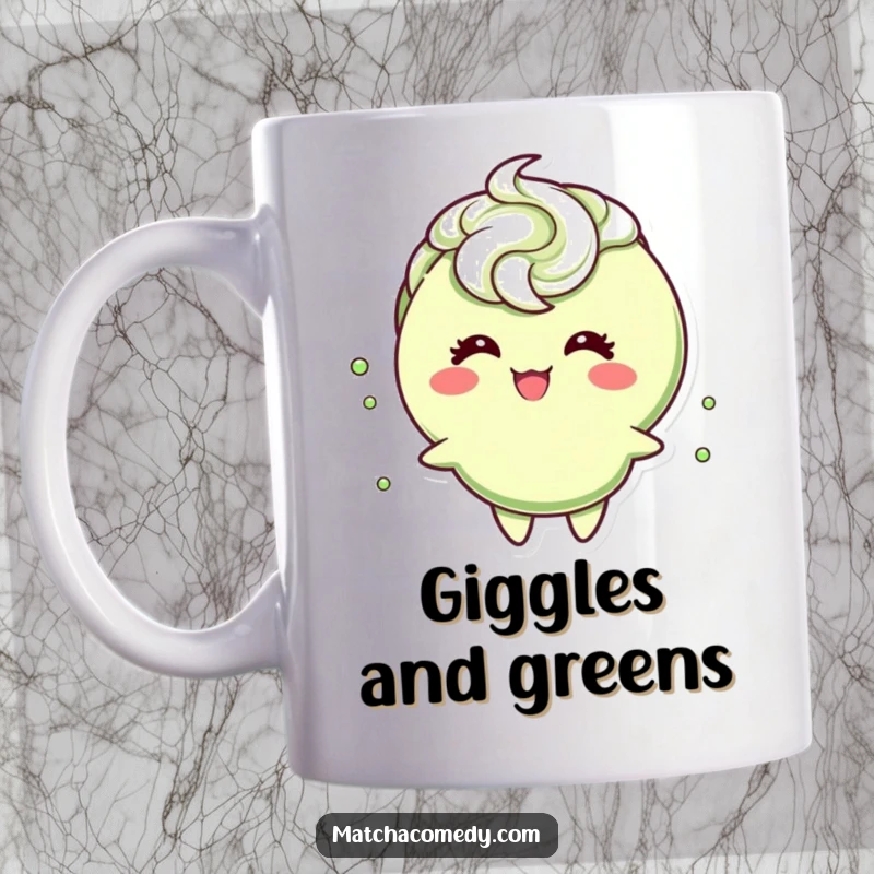 Funny matcha tea cup character with a frothy swirl on top, caught mid-giggle, bringing infectious humor to this mug.