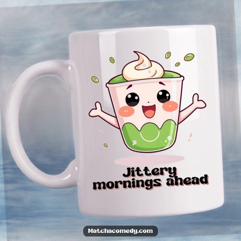 Funny Matcha Cup Mug: A kawaii matcha cup is depicted bouncing with pure joy and overflowing with energy.