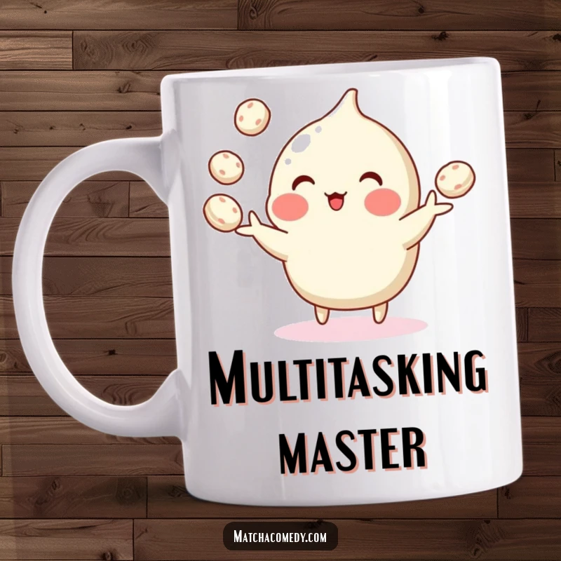 Funny mug showcasing a cute matcha confection skillfully juggling many small mochi balls with its tiny, dexterous hands.
