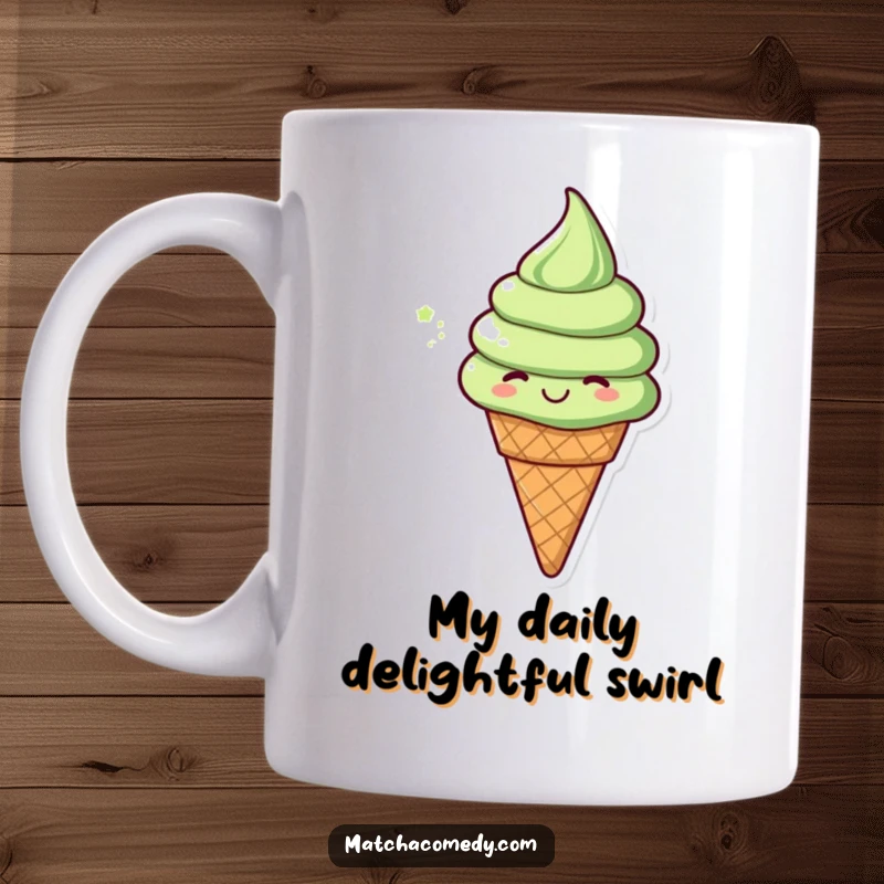 Funny matcha ice cream cone doing a cheerful spin on a mug, radiating pure, unadulterated joy and sweetness. A whimsical and fun design.