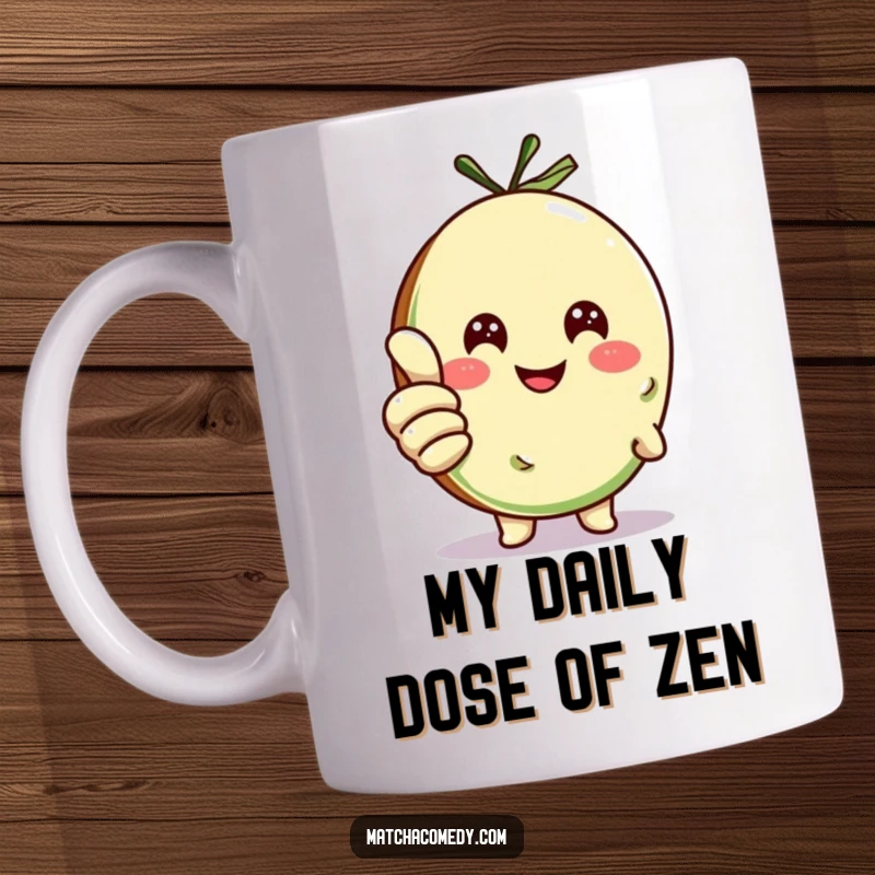 Funny matcha cookie character giving a thumbs up with a huge smile, holding a mug, perfect comical gift.