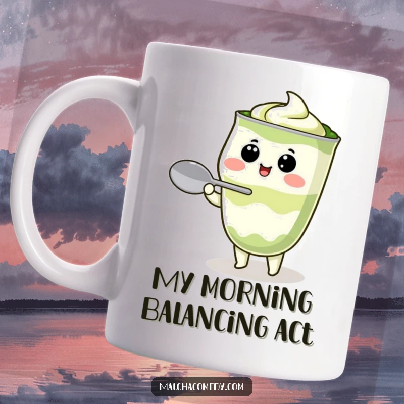 Funny Kawaii matcha latte character struggling to balance a spoon on its head, whimsical and cute, ideal for coffee or tea lovers.