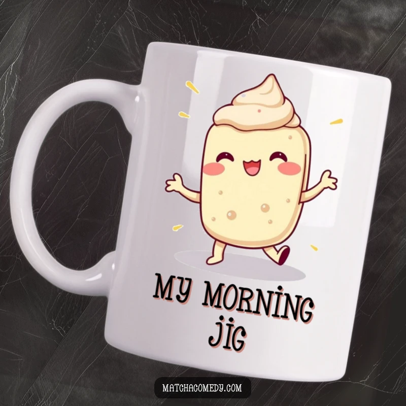 Funny mug featuring a matcha dessert doing a wild, exaggerated dance with incredible energy and joyful abandon.